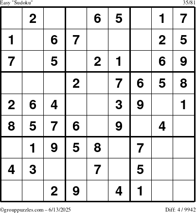 The grouppuzzles.com Easy Sudoku puzzle for Friday June 13, 2025