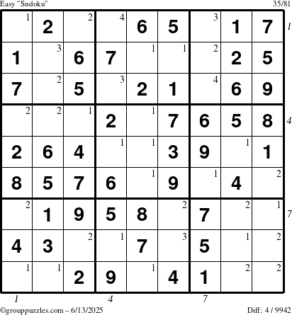 The grouppuzzles.com Easy Sudoku puzzle for Friday June 13, 2025 with all 4 steps marked