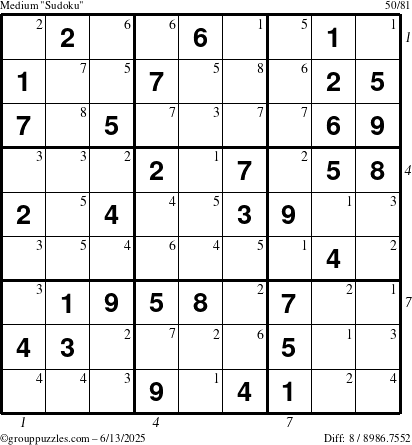 The grouppuzzles.com Medium Sudoku puzzle for Friday June 13, 2025 with all 8 steps marked