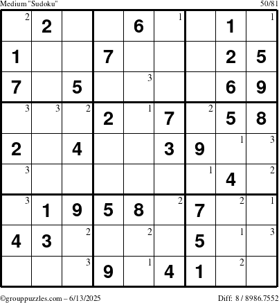 The grouppuzzles.com Medium Sudoku puzzle for Friday June 13, 2025 with the first 3 steps marked