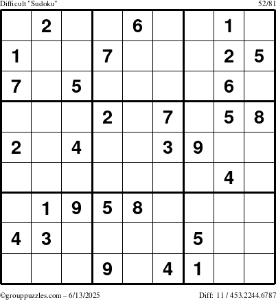 The grouppuzzles.com Difficult Sudoku puzzle for Friday June 13, 2025
