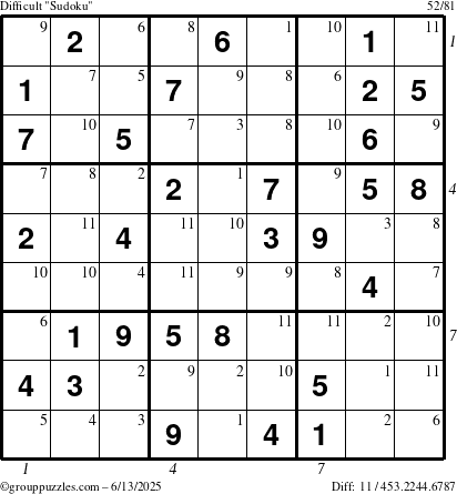 The grouppuzzles.com Difficult Sudoku puzzle for Friday June 13, 2025 with all 11 steps marked