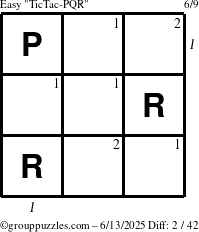 The grouppuzzles.com Easy TicTac-PQR puzzle for Friday June 13, 2025 with all 2 steps marked