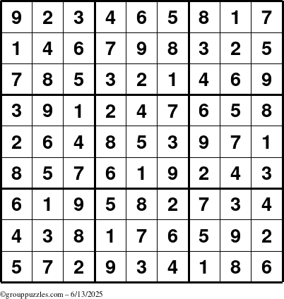 The grouppuzzles.com Answer grid for the Sudoku puzzle for Friday June 13, 2025