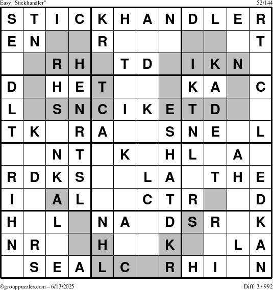 The grouppuzzles.com Easy Stickhandler puzzle for Friday June 13, 2025