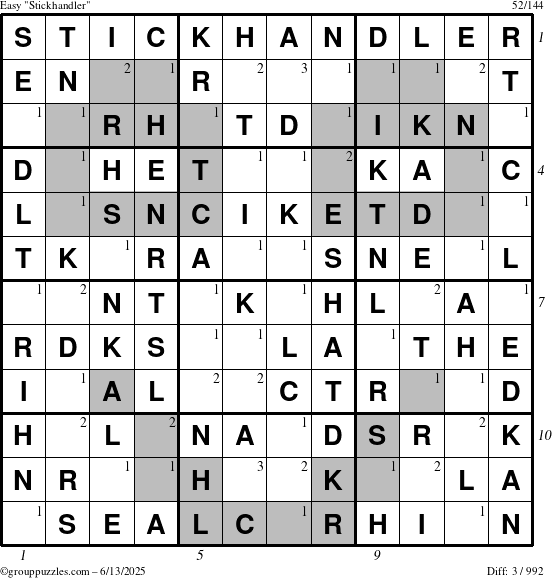 The grouppuzzles.com Easy Stickhandler puzzle for Friday June 13, 2025 with all 3 steps marked