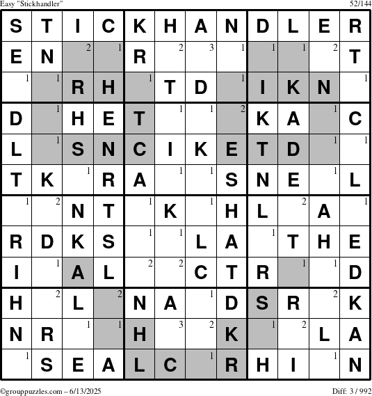 The grouppuzzles.com Easy Stickhandler puzzle for Friday June 13, 2025 with the first 3 steps marked