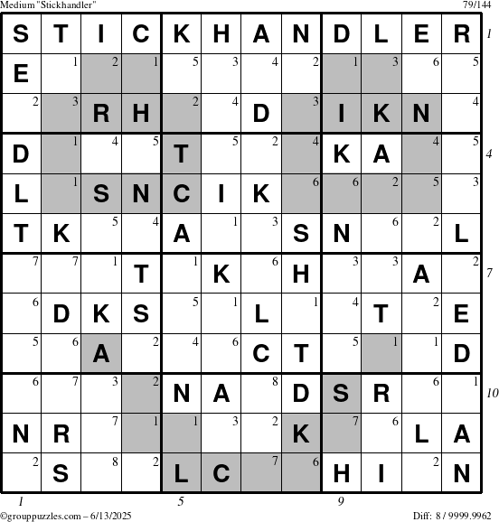 The grouppuzzles.com Medium Stickhandler puzzle for Friday June 13, 2025 with all 8 steps marked