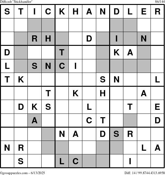 The grouppuzzles.com Difficult Stickhandler puzzle for Friday June 13, 2025