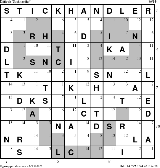 The grouppuzzles.com Difficult Stickhandler puzzle for Friday June 13, 2025, suitable for printing, with all 14 steps marked