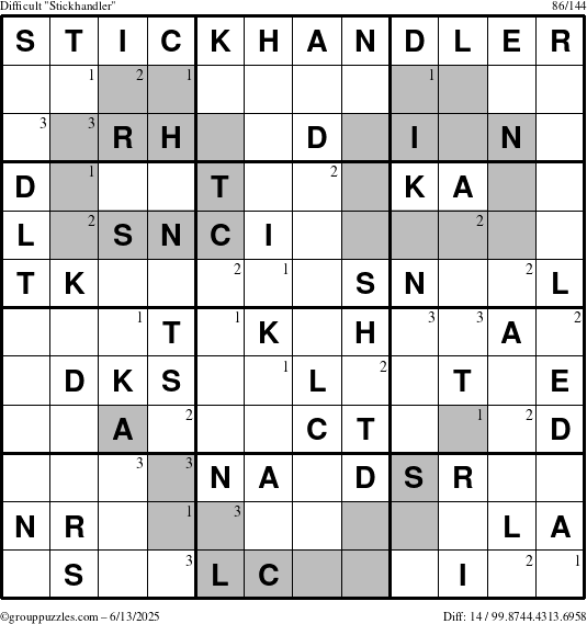 The grouppuzzles.com Difficult Stickhandler puzzle for Friday June 13, 2025 with the first 3 steps marked