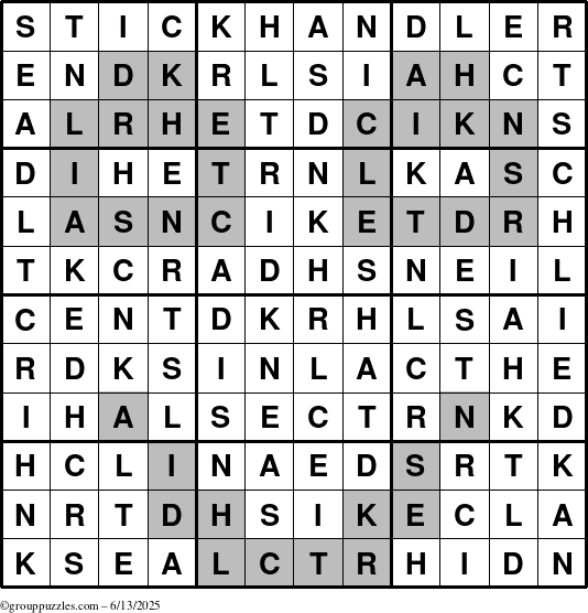 The grouppuzzles.com Answer grid for the Stickhandler puzzle for Friday June 13, 2025