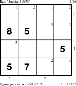 The grouppuzzles.com Easy Sudoku-4-5678 puzzle for Monday May 18, 2026 with all 3 steps marked