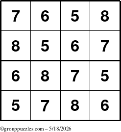 The grouppuzzles.com Answer grid for the Sudoku-4-5678 puzzle for Monday May 18, 2026
