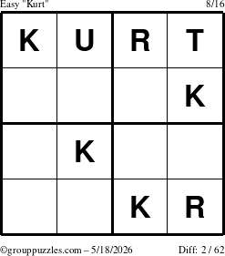 The grouppuzzles.com Easy Kurt puzzle for Monday May 18, 2026