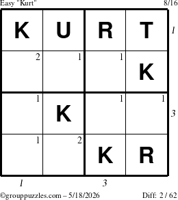 The grouppuzzles.com Easy Kurt puzzle for Monday May 18, 2026 with all 2 steps marked
