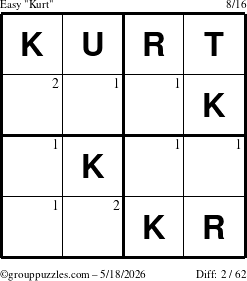 The grouppuzzles.com Easy Kurt puzzle for Monday May 18, 2026 with the first 2 steps marked