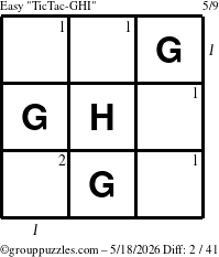 The grouppuzzles.com Easy TicTac-GHI puzzle for Monday May 18, 2026 with all 2 steps marked