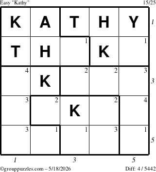 The grouppuzzles.com Easy Kathy puzzle for Monday May 18, 2026 with all 4 steps marked