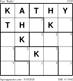 The grouppuzzles.com Easy Kathy puzzle for Monday May 18, 2026 with the first 3 steps marked