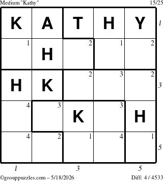 The grouppuzzles.com Medium Kathy puzzle for Monday May 18, 2026 with all 4 steps marked