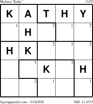 The grouppuzzles.com Medium Kathy puzzle for Monday May 18, 2026 with the first 3 steps marked