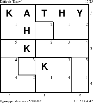 The grouppuzzles.com Difficult Kathy puzzle for Monday May 18, 2026 with all 5 steps marked