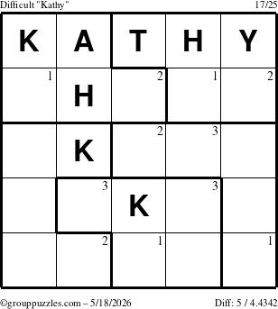 The grouppuzzles.com Difficult Kathy puzzle for Monday May 18, 2026 with the first 3 steps marked