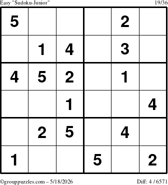 The grouppuzzles.com Easy Sudoku-Junior puzzle for Monday May 18, 2026