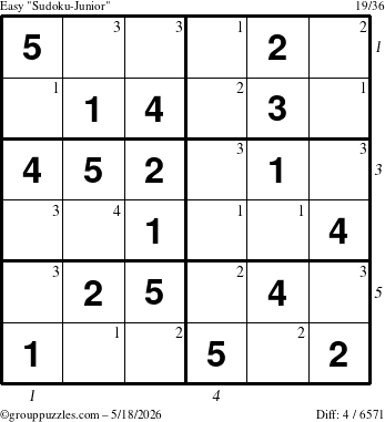The grouppuzzles.com Easy Sudoku-Junior puzzle for Monday May 18, 2026 with all 4 steps marked