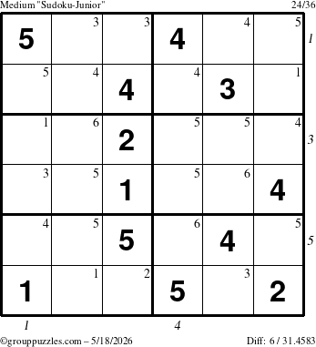 The grouppuzzles.com Medium Sudoku-Junior puzzle for Monday May 18, 2026, suitable for printing, with all 6 steps marked