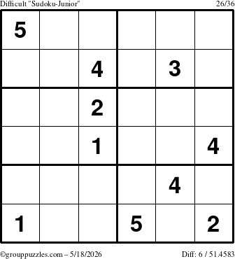 The grouppuzzles.com Difficult Sudoku-Junior puzzle for Monday May 18, 2026