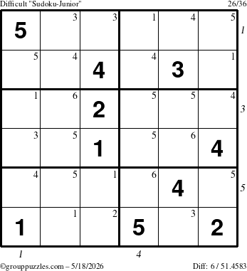 The grouppuzzles.com Difficult Sudoku-Junior puzzle for Monday May 18, 2026, suitable for printing, with all 6 steps marked