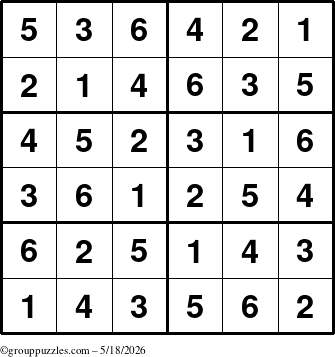 The grouppuzzles.com Answer grid for the Sudoku-Junior puzzle for Monday May 18, 2026