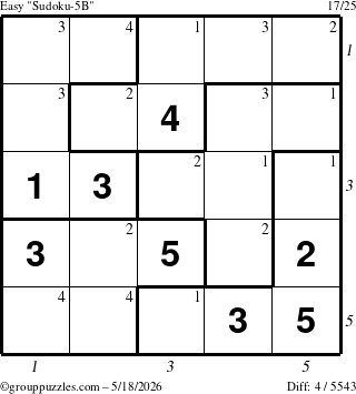 The grouppuzzles.com Easy Sudoku-5B puzzle for Monday May 18, 2026, suitable for printing, with all 4 steps marked