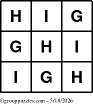 The grouppuzzles.com Answer grid for the TicTac-GHI puzzle for Monday May 18, 2026
