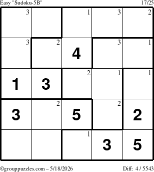 The grouppuzzles.com Easy Sudoku-5B puzzle for Monday May 18, 2026 with the first 3 steps marked
