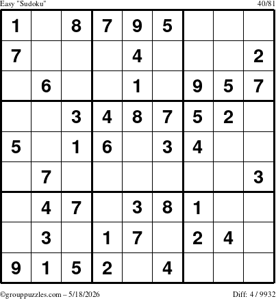 The grouppuzzles.com Easy Sudoku puzzle for Monday May 18, 2026