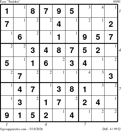 The grouppuzzles.com Easy Sudoku puzzle for Monday May 18, 2026 with all 4 steps marked