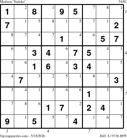 The grouppuzzles.com Medium Sudoku puzzle for Monday May 18, 2026 with all 8 steps marked