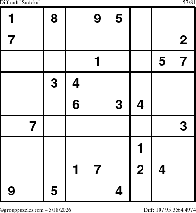 The grouppuzzles.com Difficult Sudoku puzzle for Monday May 18, 2026