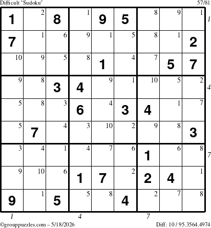 The grouppuzzles.com Difficult Sudoku puzzle for Monday May 18, 2026, suitable for printing, with all 10 steps marked