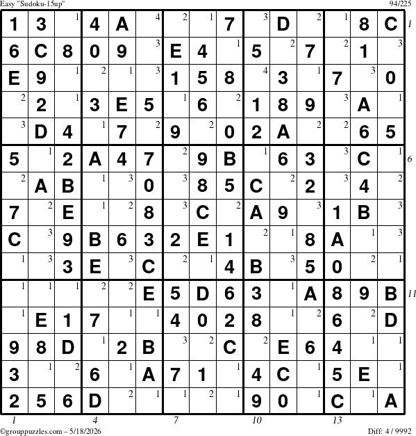 The grouppuzzles.com Easy Sudoku-15up puzzle for Monday May 18, 2026, suitable for printing, with all 4 steps marked