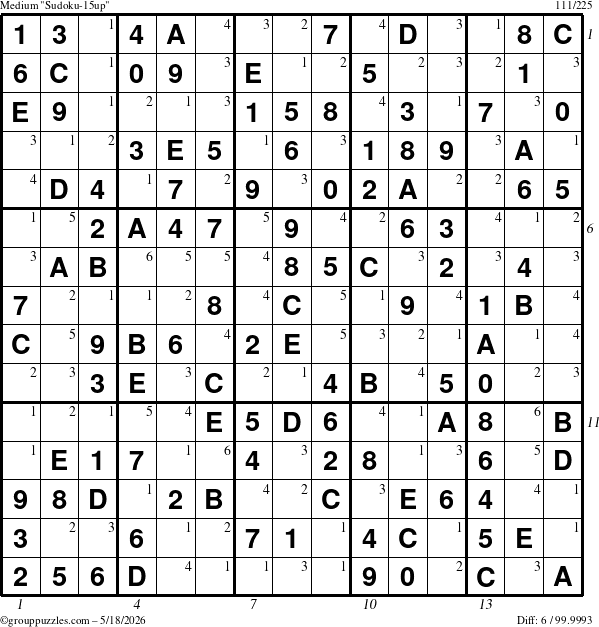 The grouppuzzles.com Medium Sudoku-15up puzzle for Monday May 18, 2026 with all 6 steps marked