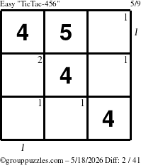The grouppuzzles.com Easy TicTac-456 puzzle for Monday May 18, 2026, suitable for printing, with all 2 steps marked