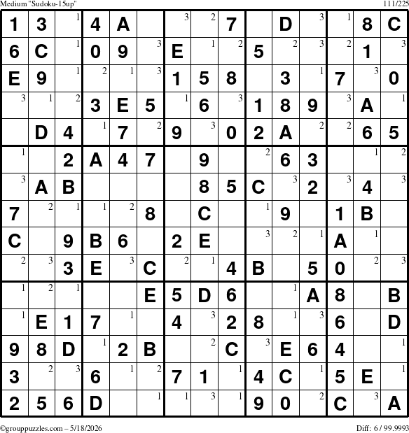 The grouppuzzles.com Medium Sudoku-15up puzzle for Monday May 18, 2026 with the first 3 steps marked