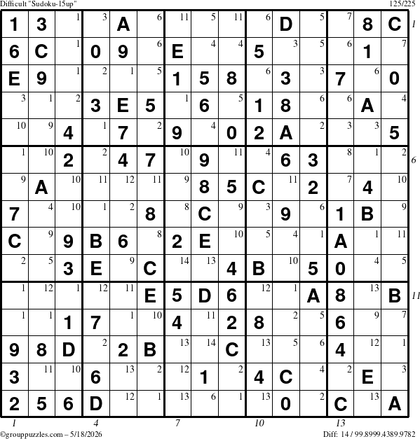 The grouppuzzles.com Difficult Sudoku-15up puzzle for Monday May 18, 2026, suitable for printing, with all 14 steps marked