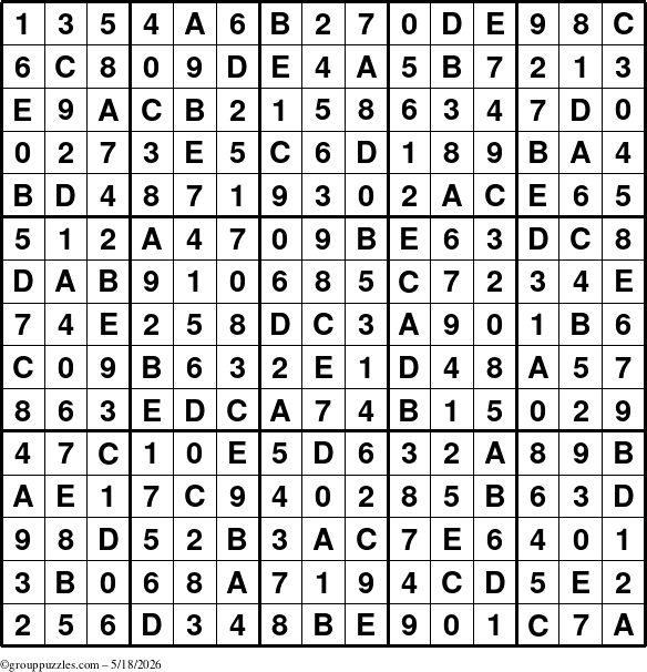 The grouppuzzles.com Answer grid for the Sudoku-15up puzzle for Monday May 18, 2026