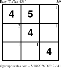 The grouppuzzles.com Easy TicTac-456 puzzle for Monday May 18, 2026 with the first 2 steps marked