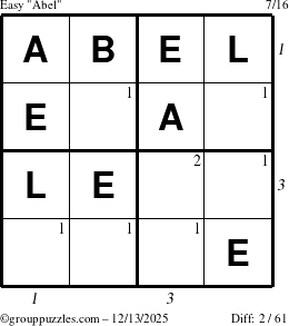 The grouppuzzles.com Easy Abel puzzle for Saturday December 13, 2025 with all 2 steps marked